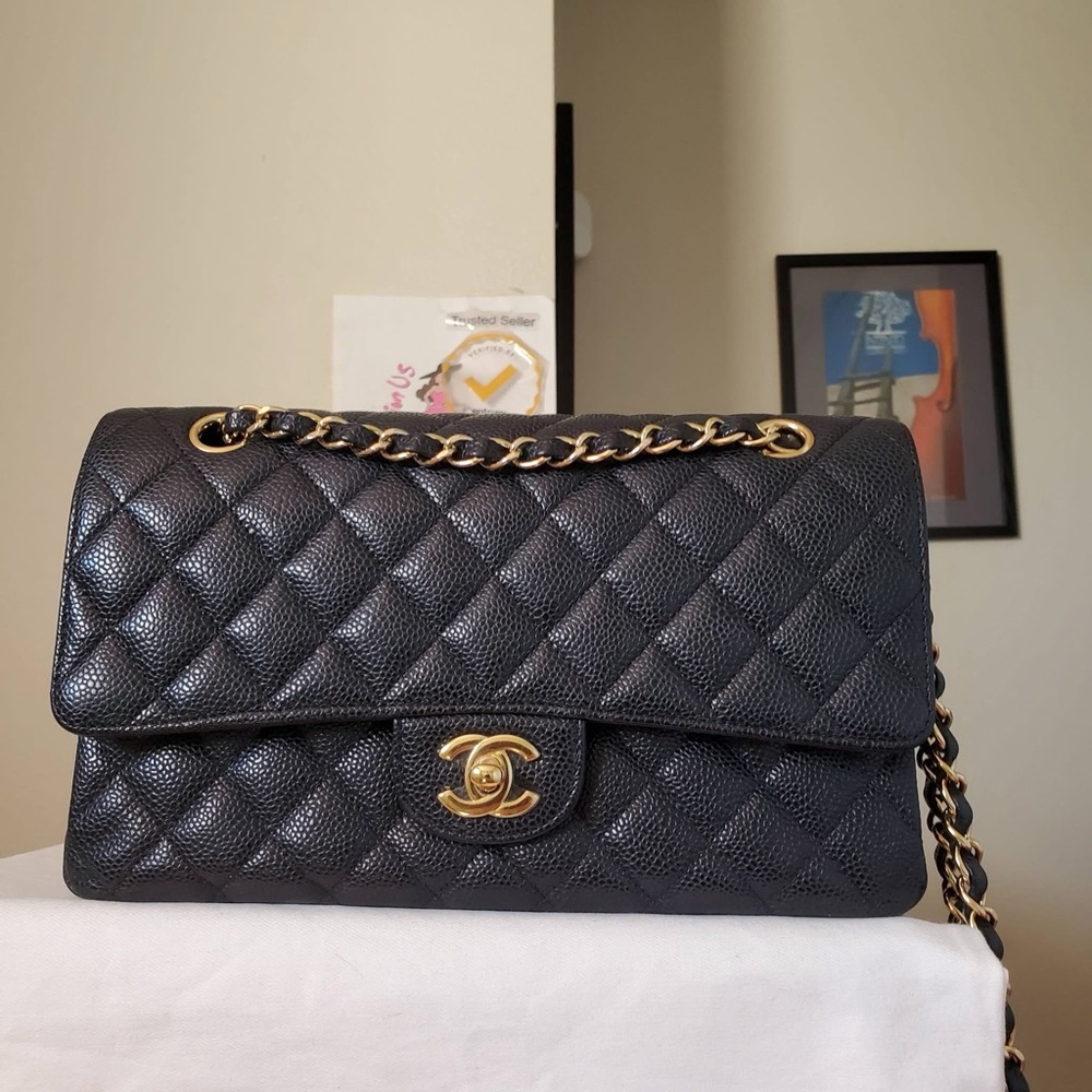Authentic CHANEL Black Caviar Leather Medium Double Flap Bag Gold HW
